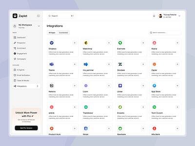 Zeplet - Integrations Dashboard UI Design app apps dashboard email email dashboard email marketing integration landingpage lead generation lead generation dashboard marketing dashboard saas ui web webui