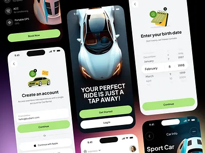 Car Rental Mobile App app birth branding car dark illustration login mobile onboarding rent rental screen sign in sign up splash sport step ui design ux design welcome