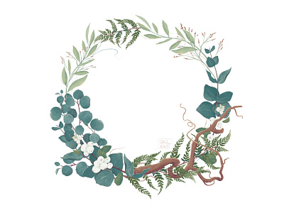 Botanical Wreath Illustration – Calm & Hand-Drawn Design art artwork botanical illustration botanical wreath calm card design custom digital art eucalyptus fern greenery hand drawn illustration illustrator invitation nature slow snowberry texture wedding design