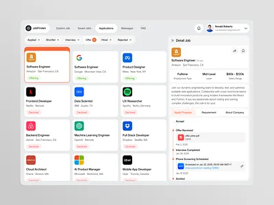 Job Finder Service Exploration app applicant clean dashboard design fireart list offers search service ui ux