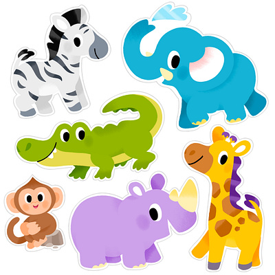 🦒 🐒 🦏 🐘 🦓 animal animals crocodile cute elephant giraffe illustration illustrator rhino sticker toddler vibrant