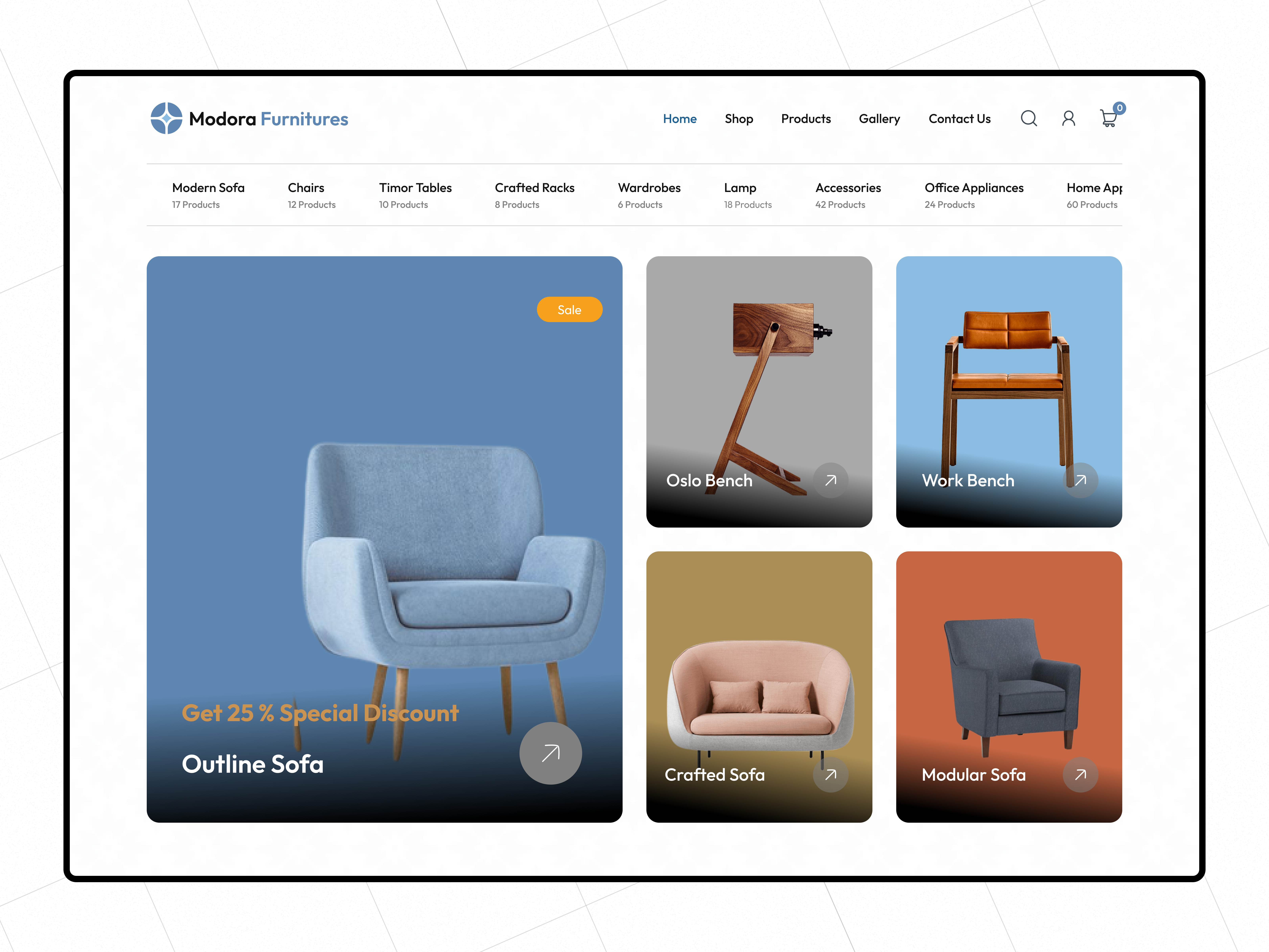 Moroda . Furniture Hero - Category Grid cart category category display checkout e commerce furniture hero image grid interior design navigation online store product grid product page design shop shopify shopping shopping cart ui woo commerce