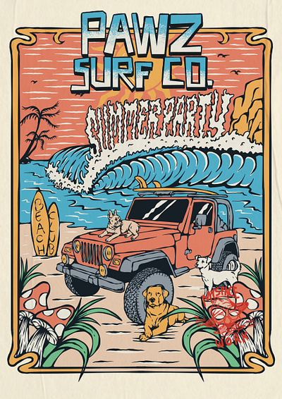 PAWZ SURF CO animal apparel beach branding clothing commision digital art drawing graphic design handdrawn illustration illustrator logo poster print design product design summer surfing tshirt vintage