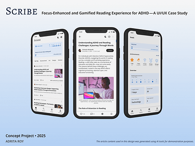 Focus-Enhanced and Gamified Reading Experience for ADHD adhd blogging casestudy design designer designsystem figma mobile neurodivergence product design prototype readingdisability ui ui design uiux usercentereddesign userexperience ux uxdesign wireframes