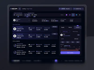 KEOM Protocol | Single Asset Detail Lending Market asset detail blockchain borrow coin detail crypto crypto market dark ui defi defi protocol design investing lending market loop margin trading protocol supply token detail trading trading page web3