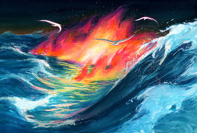 You Are On Your Own Again - Xinyue Chen conceptual illustration editorial illustration illustration illustrationart illustrationartist illustrationzone illustrator intense mood night time ocean painting tempest tempesta water waves