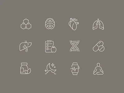 Longevity Icons biomarker brain dna exercise genetics health healthspan heart icon iconography liver logo logomark lungs medication meditation nutrition sleep supplement wellness