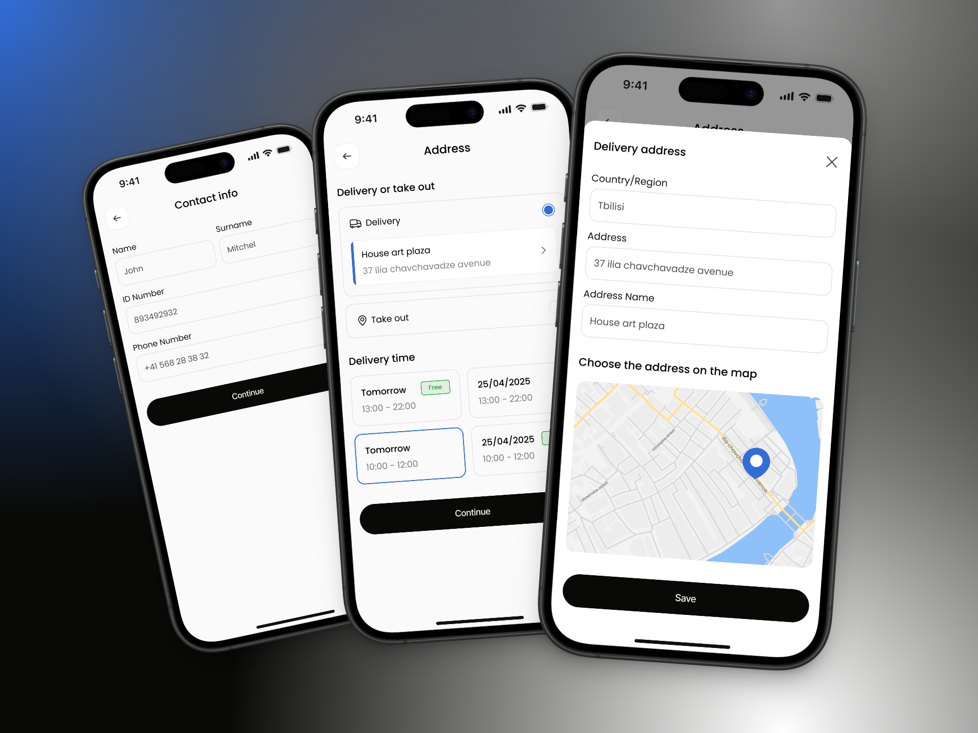 Modern App Design – Delivery Flow Screens button checkoutflow deliveryapp formdesign inputfields location logisticsui minimalui timepicker ui userinterface ux