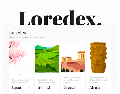 Loredex - Card-Based Lore Collection card design challenge figma illustrations images interaction design japan legend light list lore minimal modal myth product design ui ui design ux design uxui visual design
