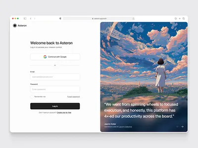 Login page concept for a productivity platform cta landing page login page modern progressive blur saas testimonial ui uiux userexperience webdesign