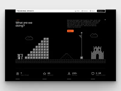 Pixel Art with Clean Web Design About Page for Dev Team about page animation branding custom graphics dark colors dark mode dark theme development gamified design graphic design landing page logo motion graphics pixel art ui ux
