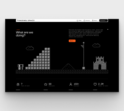 Pixel Art with Clean Web Design About Page for Dev Team about page animation branding custom graphics dark colors dark mode dark theme development gamified design graphic design landing page logo motion graphics pixel art ui ux