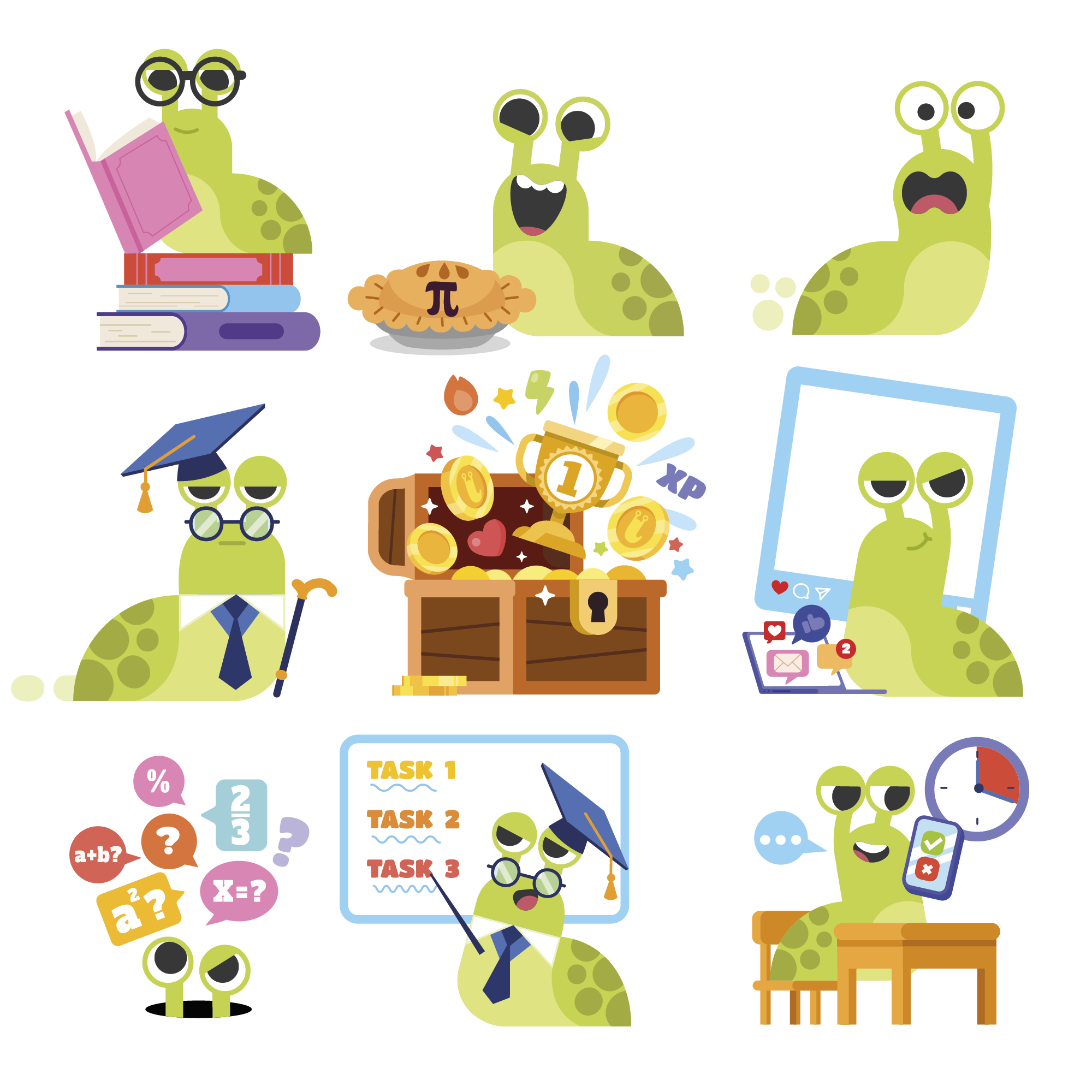 Linus Academy app character design education expressions game linus poses sat school slug worm