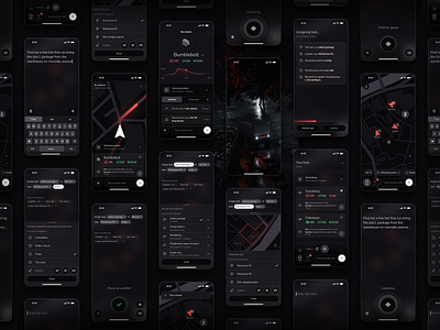 Multi-Purpose Robots App Screens app black bot chat dark mode dark theme design details experience fleet interface map navigation red robot task ui user ux voice