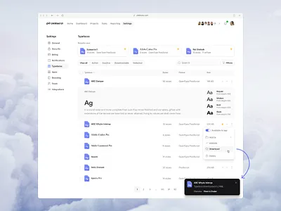 Typefaces — Untitled UI font manager fonts product design settings page sidebar sidenav table typefaces ui design user interface