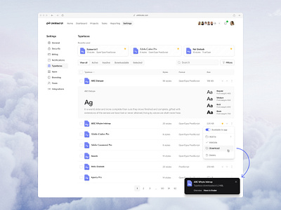 Typefaces — Untitled UI font manager fonts product design settings page sidebar sidenav table typefaces ui design user interface
