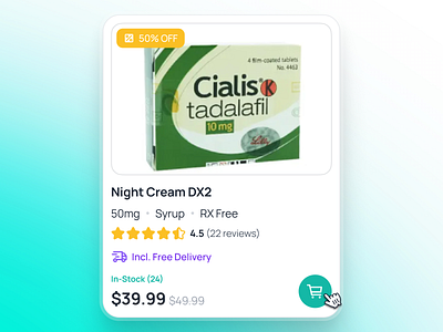 nightingale v2: E-Pharmacy Product Card UIUX ai medical app clean drug prescription app e pharmacy app epharmacy app epharmacy mobile app epharmacy product ui epharmacy ui kit figma ui kit health companion app medical ui kit minimal modern pharmacy app ui pharmacy product ui prescription app product card ui smart medical app teal virtual health app