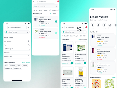 nightingale v2: Explore E-Pharmacy/Medication Product UI ai health assistant app ai medical app clean drug prescription app e pharmacy app epharmacy app epharmacy mobile app epharmacy ui kit explore product ui figma ui kit health companion app medical ui kit minimal modern pharmacy app ui prescription app search product ui smart medical app teal virtual health app