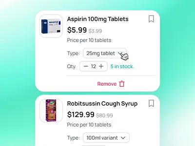 nightingale v2: E-Pharmacy Cart Item UI ai health assistant app ai medical app cart item ui clean drug prescription app e pharmacy app epharmacy app epharmacy cart ui epharmacy mobile app epharmacy ui kit figma ui kit health companion app medical ui kit minimal modern pharmacy app ui prescription app smart medical app teal virtual health app