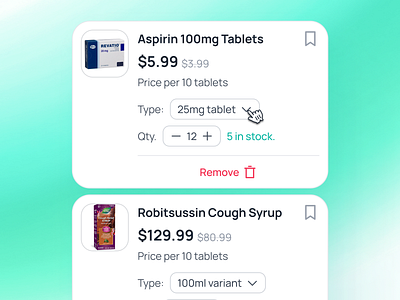 nightingale v2: E-Pharmacy Cart Item UI ai health assistant app ai medical app cart item ui clean drug prescription app e pharmacy app epharmacy app epharmacy cart ui epharmacy mobile app epharmacy ui kit figma ui kit health companion app medical ui kit minimal modern pharmacy app ui prescription app smart medical app teal virtual health app