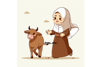 Eid Adha with Character, Icon Muslim Girl with Cow animal arab background celebration cow culture eid event feast festival holy islamic mubarak muslim qurban ramadan religion sacrifice sheep wish