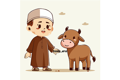 Eid Adha with Children and Cow Cartoon Illustration animal arab background celebration cow culture eid event feast festival holy islamic mubarak muslim qurban ramadan religion sacrifice sheep wish