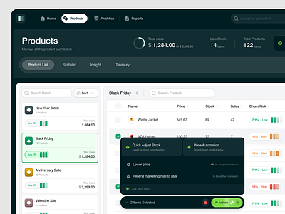 Marketplace Dashboard Manager with AI Integrations - Products ai cards clean dashboard graphic design management marketing motion graphics neat products search snackbar table ui uiux ux