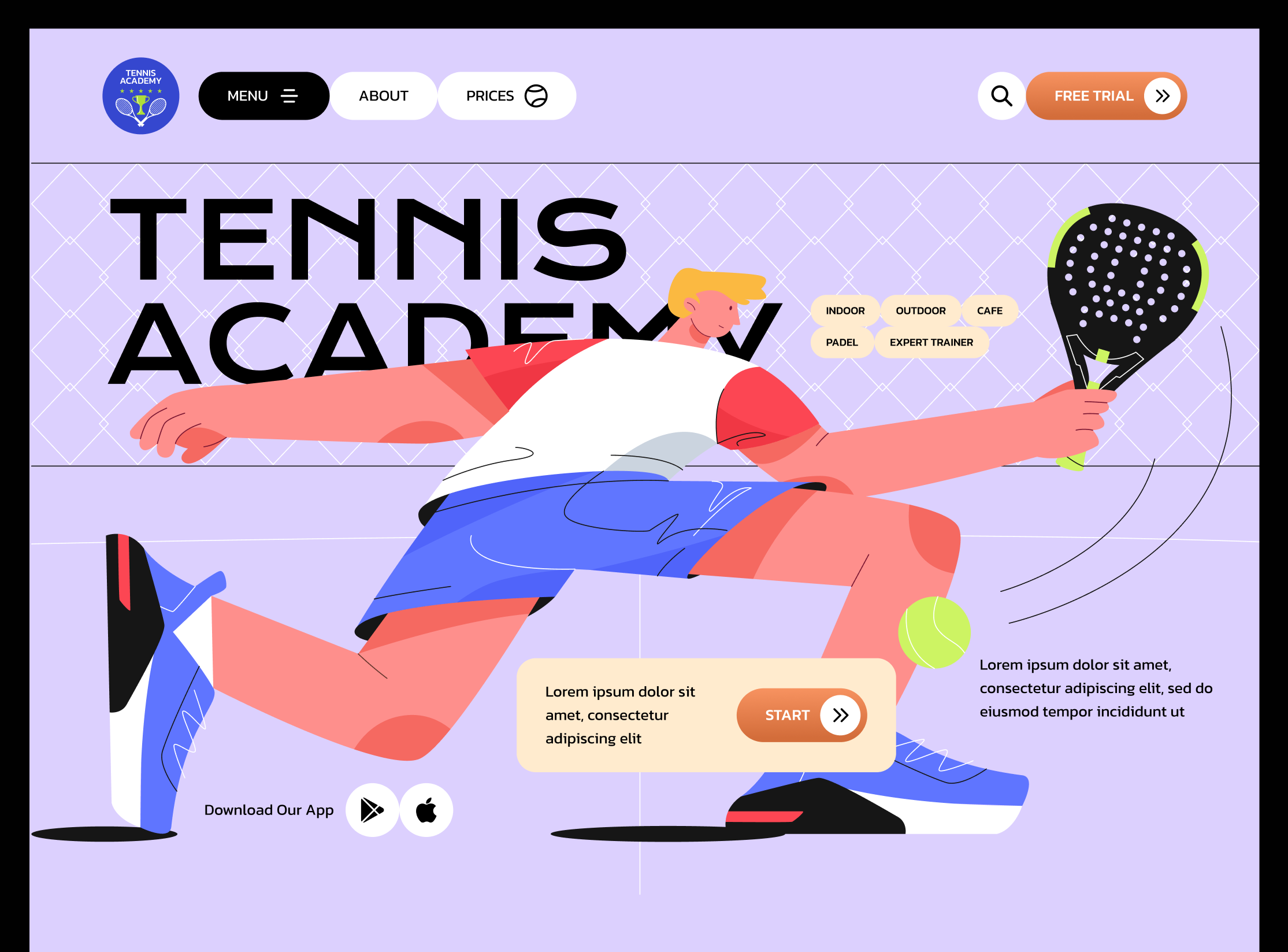 Tennis Academy - Landing Page blue branding figma illustration landingpage logo paddel sport tennis ui uiux website