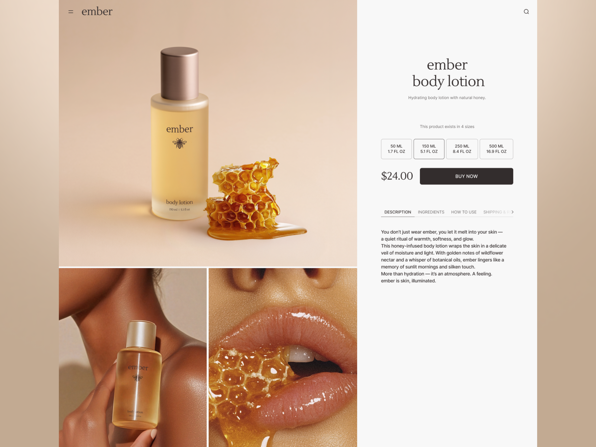 Beauty E-Commerce Product Page beauty beauty brand beauty ecommerce body care clean design cosmetics e commerce e commerce ecommerce high end honey landing page luxury minimal online shop online store product page shop page skincare web design