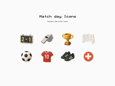 match day 3d pixel icons 3d 8 bit app design badge ball boots design football goal icons illustration injury pixel scoreboard set shirt soccer trophy ui whistle