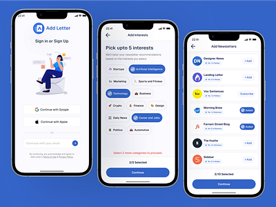 App Onboarding Flow for Add Letter Newsletter Reading App app design app onboarding content discovery login screen newsletter app onboarding reading app