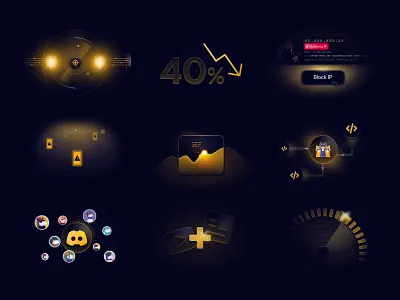 Illustrations for Feature Cards Vol 2 branding connections crowdsec cybersecurity dark design glows graphic design icons illustration light effects marketing particles radar scan security stats ui web