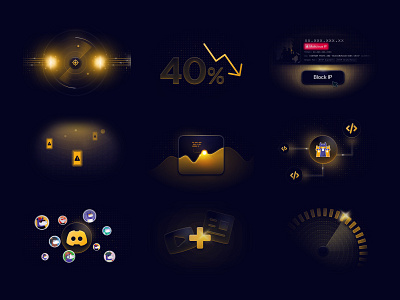 Illustrations for Feature Cards Vol 2 branding connections crowdsec cybersecurity dark design glows graphic design icons illustration light effects marketing particles radar scan security stats ui web