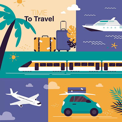 Time to Travel airplane beach cat coast graphic design holiday luggage ocean sea ship suitcase summer time train transport travel vacation water yacht