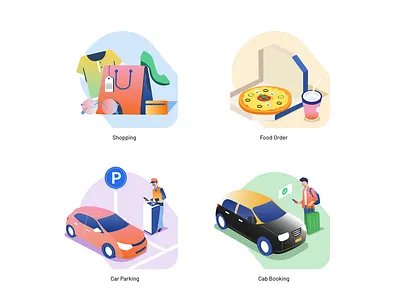 Illustrations on Shopping, Food, Car Parking, Cab booking cab cabbooking car carparking design food illustration shopping vector