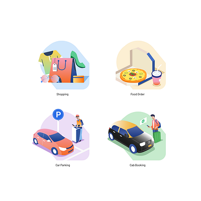 Illustrations on Shopping, Food, Car Parking, Cab booking cab cabbooking car carparking design food illustration shopping vector