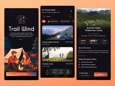 Camping Mobile App UI animation booking app booking dark app ui camping app camping dark app ui dark app ui dark mobile app dark mode ui design agency illustration indian design agency mobile app mobile app ui travel app travel dark app ui ui ux