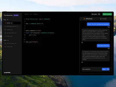 Live coding assessment - AI ai ai coding interview chat code coding assessment coding challenge coding interview components custom dark mode hire candidates interview live assessment meeting product design sidebar tech candidates tech interview ui ux