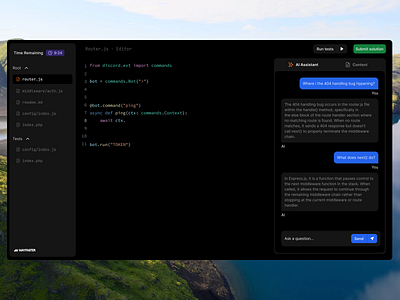 Live coding assessment - AI ai ai coding interview chat code coding assessment coding challenge coding interview components custom dark mode hire candidates interview live assessment meeting product design sidebar tech candidates tech interview ui ux