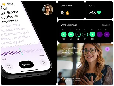 Mobile App Design β Language Learning app design audio player ui daily ui dark ui ed tech educational app ios app language app learning app minimal design mobile app design mobile design product design progress tracker ui ux ui ux design user interface