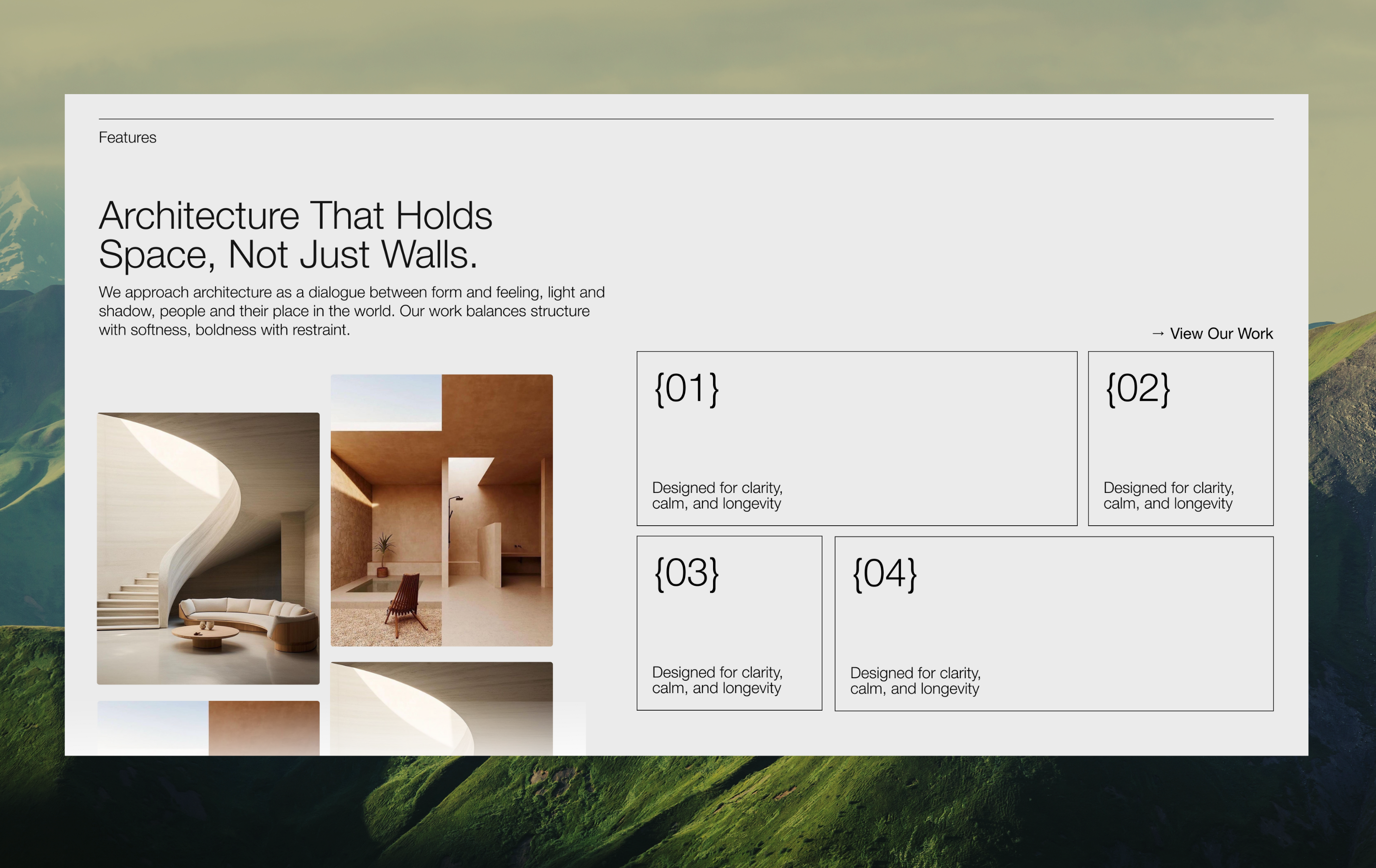 Architecture Studio Features Exploration architecture studi architecture studio landing framer development minimal design modern design ui ux design