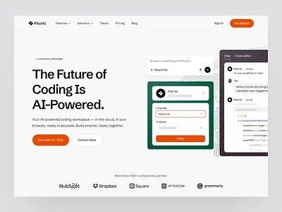 PilotAI - AI Code Generator Landing Page ai ai powered animation artificial intelligence b2b code editor dipa inhouse hero section landing page modern saas simple startup ui ui design uiux ux web design website workspace