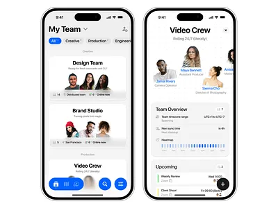 team management overview / interaction app bottom nav cards chart figma grid icon interaction ios progress blur sticker tabs team