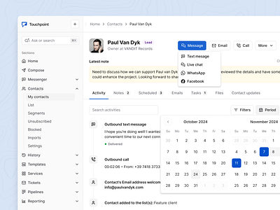 Contact Management — Rethinking the Core CRM Experience activity contacts crm detail view helpdesk list omnichannel product prototype saas saas ui shadcn sidebar timeline video web app