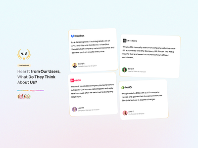 Testimonials ai design b2b b2b design chatgpt customer feedback design feedback gradient landing review testimonial trend ui user feedback user review webdesign