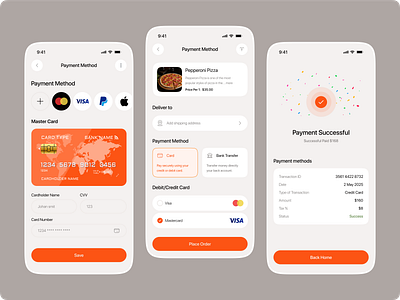 Payment Method – Pizza Mobile App app credit card food delivery service food ordering foodie form ios app mobile app online food delivery online payment payment confirmation payment method payment page payment screen payment successful payment ui pizza delivery restaurant app ui design user interface