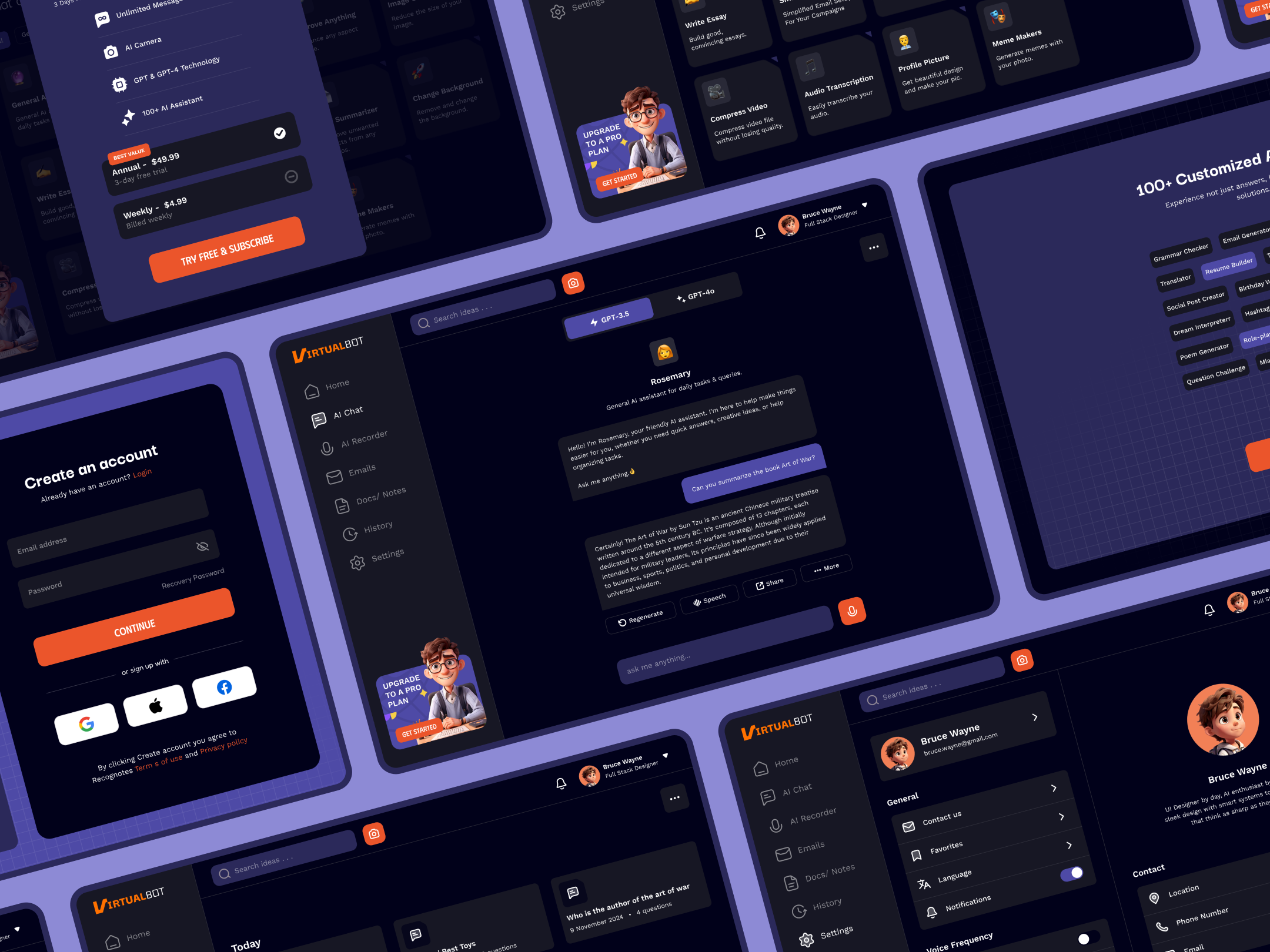 VirtualBot | Tablet App Design🤖 agent ai app assistant bot branding chat clean dark design generate illustration mobile service suarasa support tablet ui virtual website