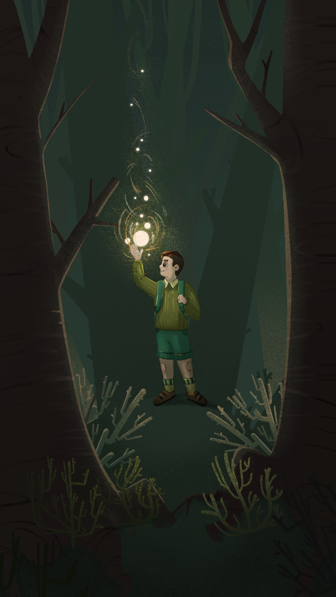 The Glow in the Dark Woods boycharacter childrensbookartist childrensillustration cozyvibesart fantasyartforkids gentlefantasy glowingorb illustration illustrationforkids kidlitart lightandshadow magicalforest moodyforest moodyillustration nightscene pastelpalette softcolors storybookart visualstorytelling whimsicalart