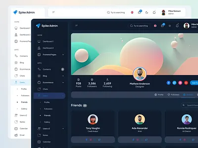 Spike Friends Page Design admin dashboard design admin template clean interface design friends list design friends page design friends page theme friends page ui friends page ui design modern dashboard ui page design page ui design profile page design profile page ui profile page ui panel profile page ui ux social app design tailwind css ui user profile page user profile template design web app ui design