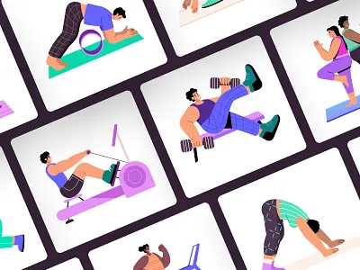 Exercise Illustration Set active athlete cardio dumbbell energy exercise exertion fitness gym health illustration lifestyle running sport strength stretching sweat training workout yoga